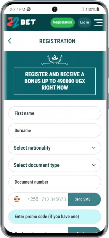 22bet uganda registration form