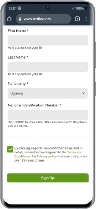 Betika Registration Mobile Site
