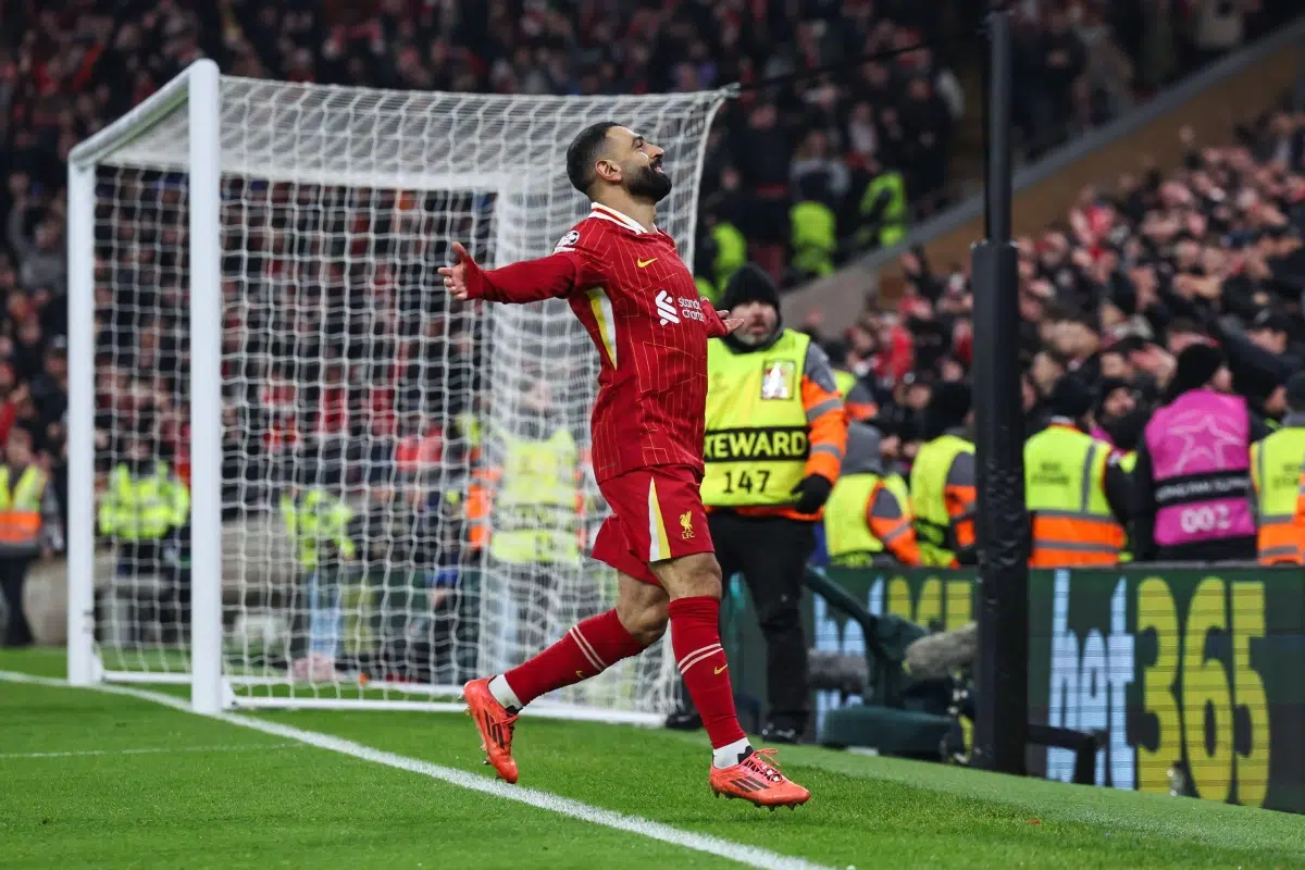 Mohamed Salah of Liverpool celebrates his goal to make it 1-0 during the UEFA Champions League.