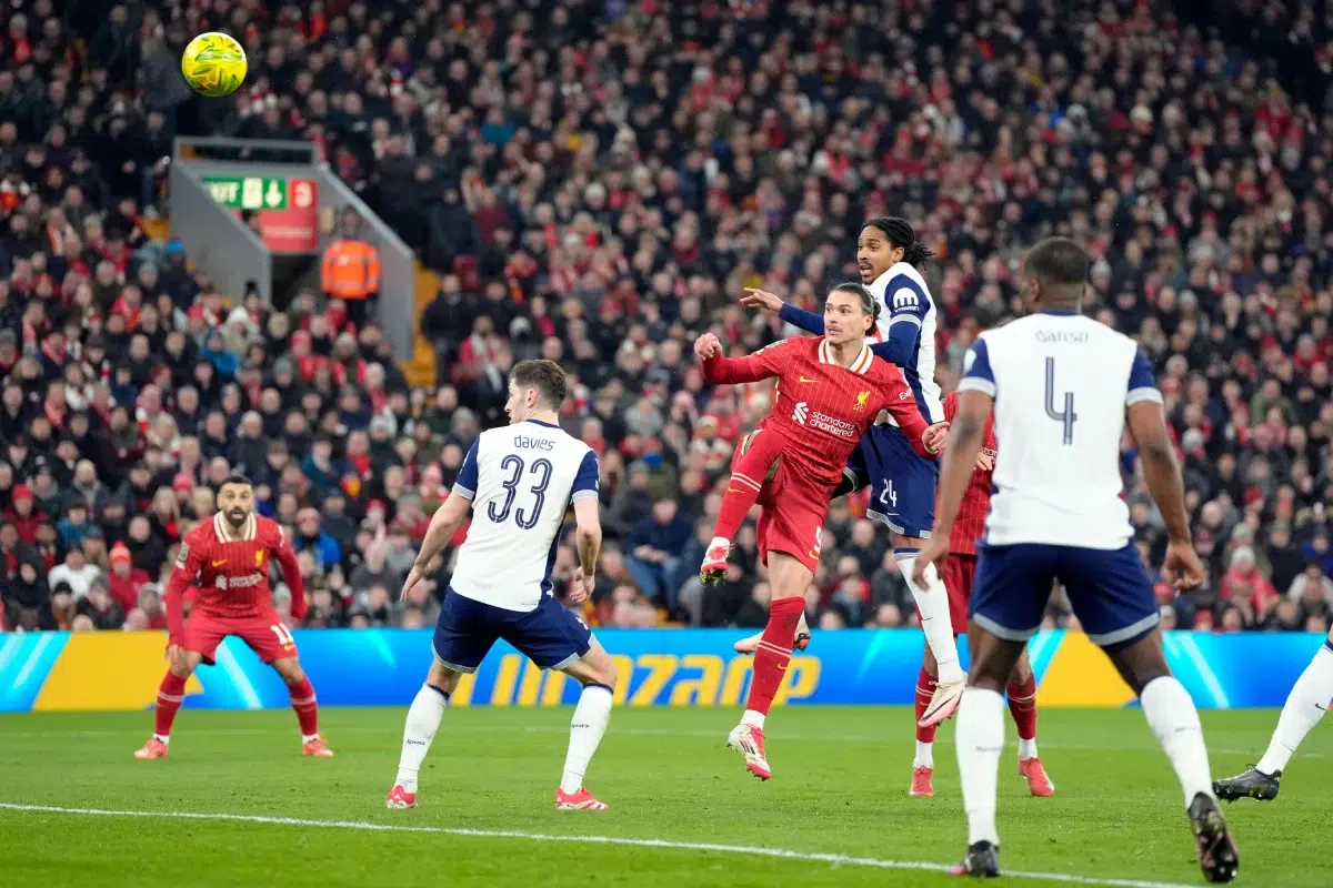 Liverpool's Darwin Nunez heads towards the goal during the Carabao Cup Semi-Final