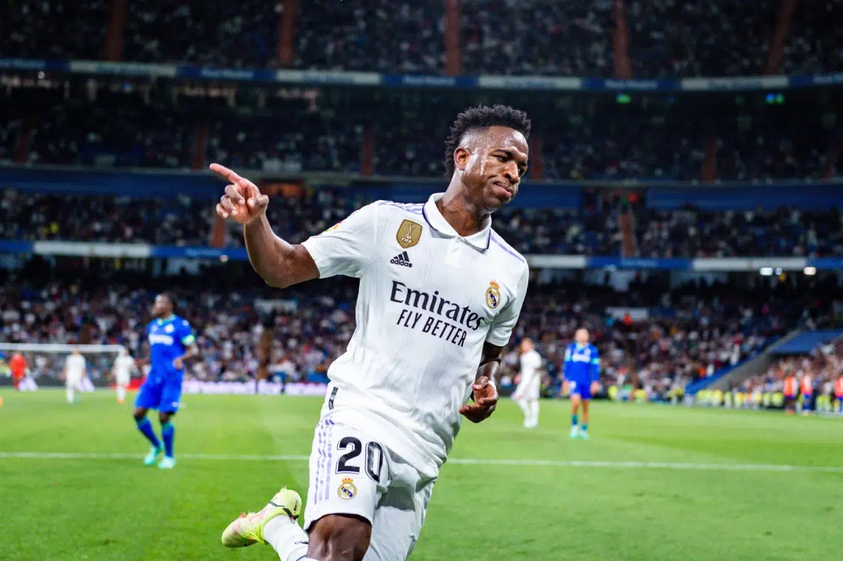 Vinicius Junior celebrates a goal during the football match between Real Madrid and Getafe