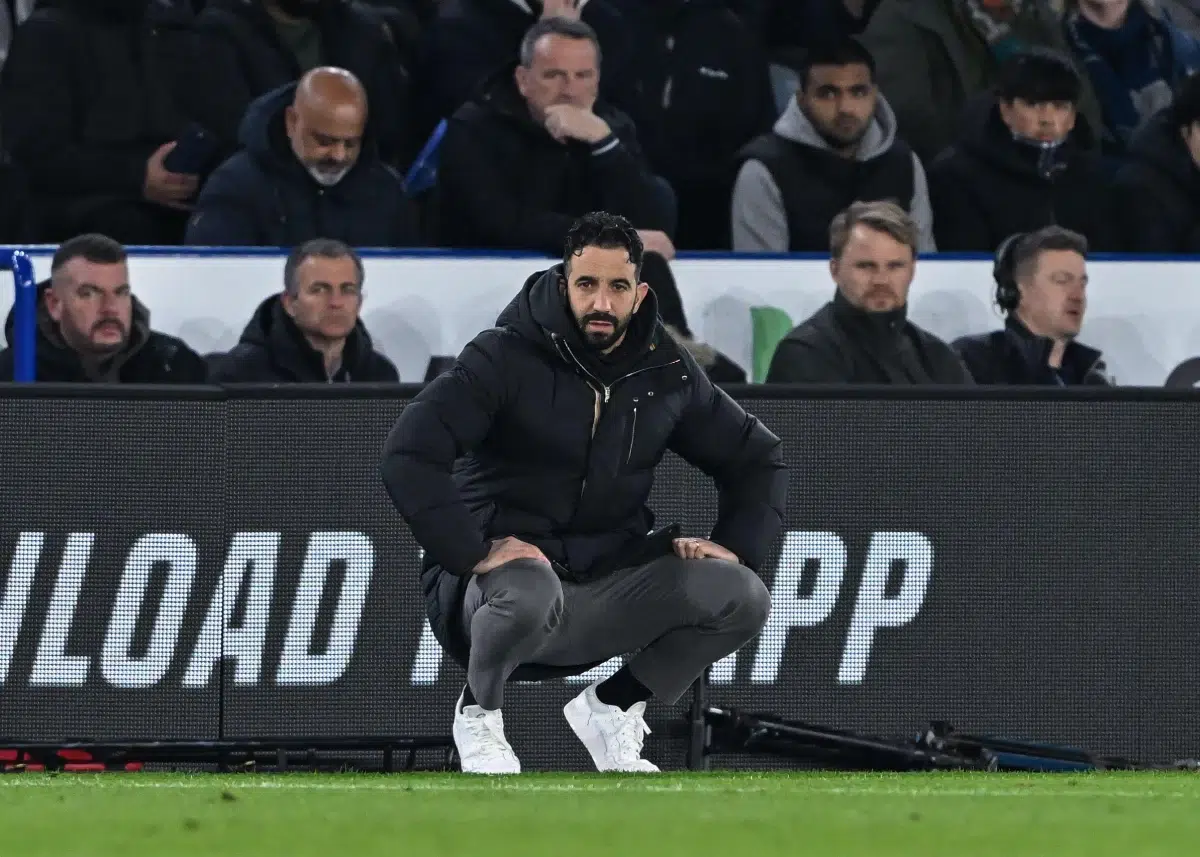Ruben Amorim, head coach of Manchester United, during the Premier League match at the King Power Stadium, Leicester