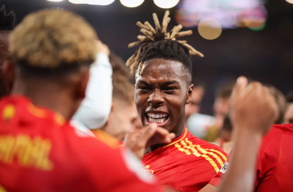 Nico Williams of Spain celebrates during the UEFA Nations League 2025 semifinal match between Spain and France